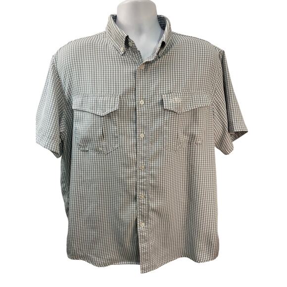 AFTCO Shirt Size L Light Checkered Short Sleeve Button-Up Coastal Utility Style - Picture 1 of 11